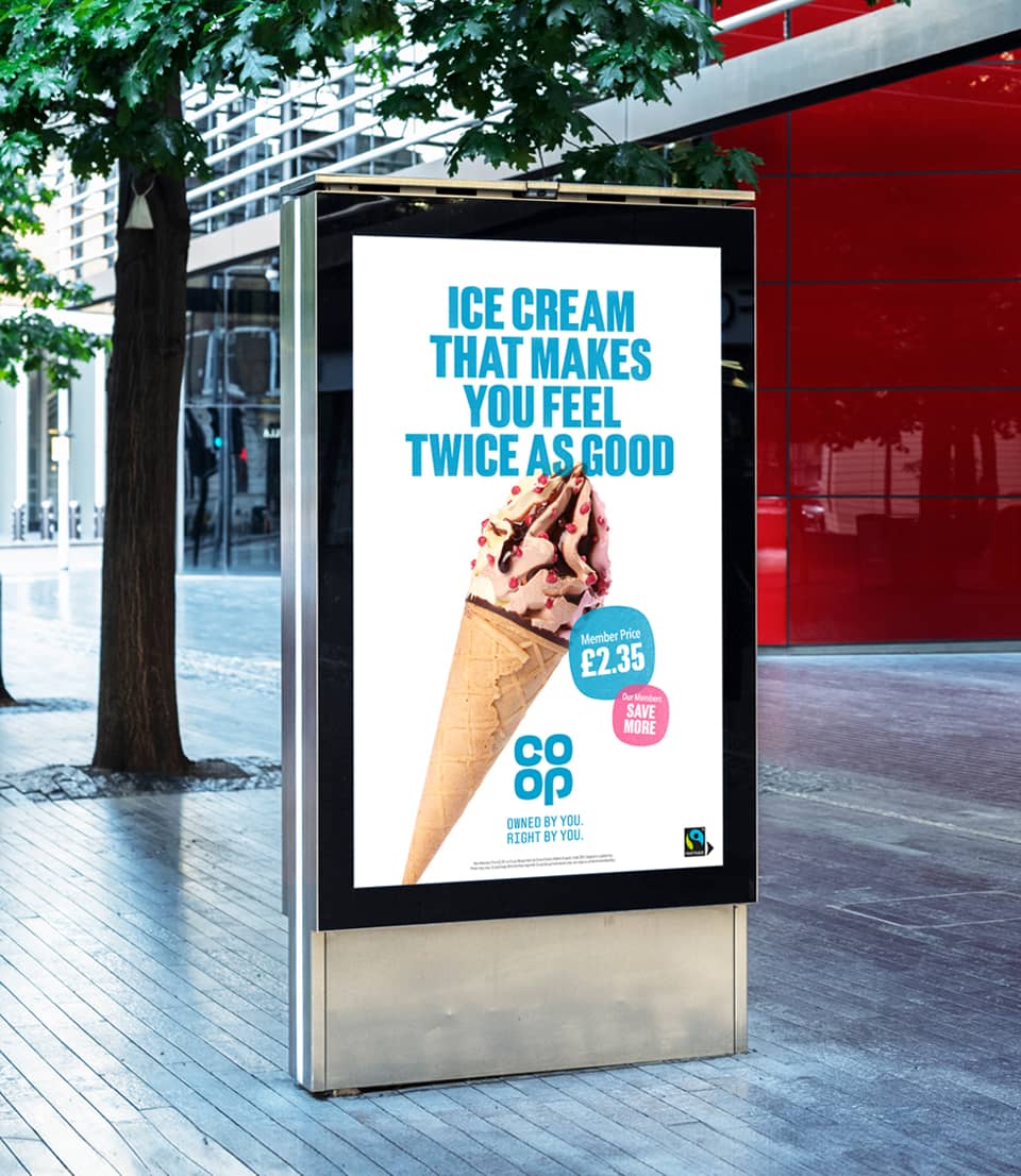 Poster with ice cream and copy: Ice cream that makes you feel twice as good