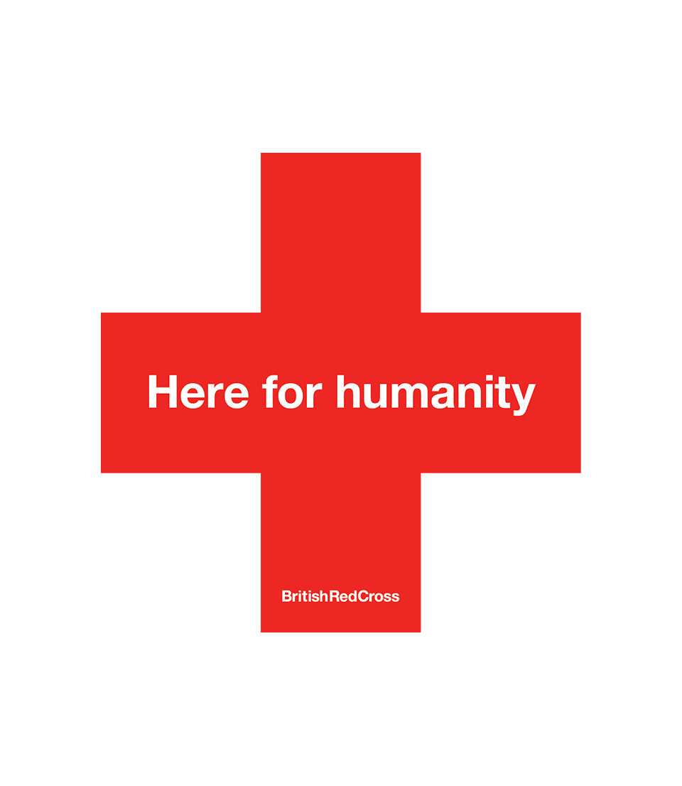 Red cross with label: Here for humanity
