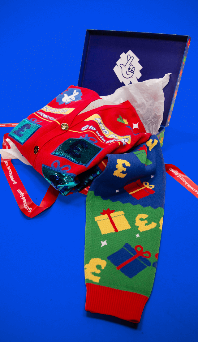 Unboxed gift box containing socks and jumper